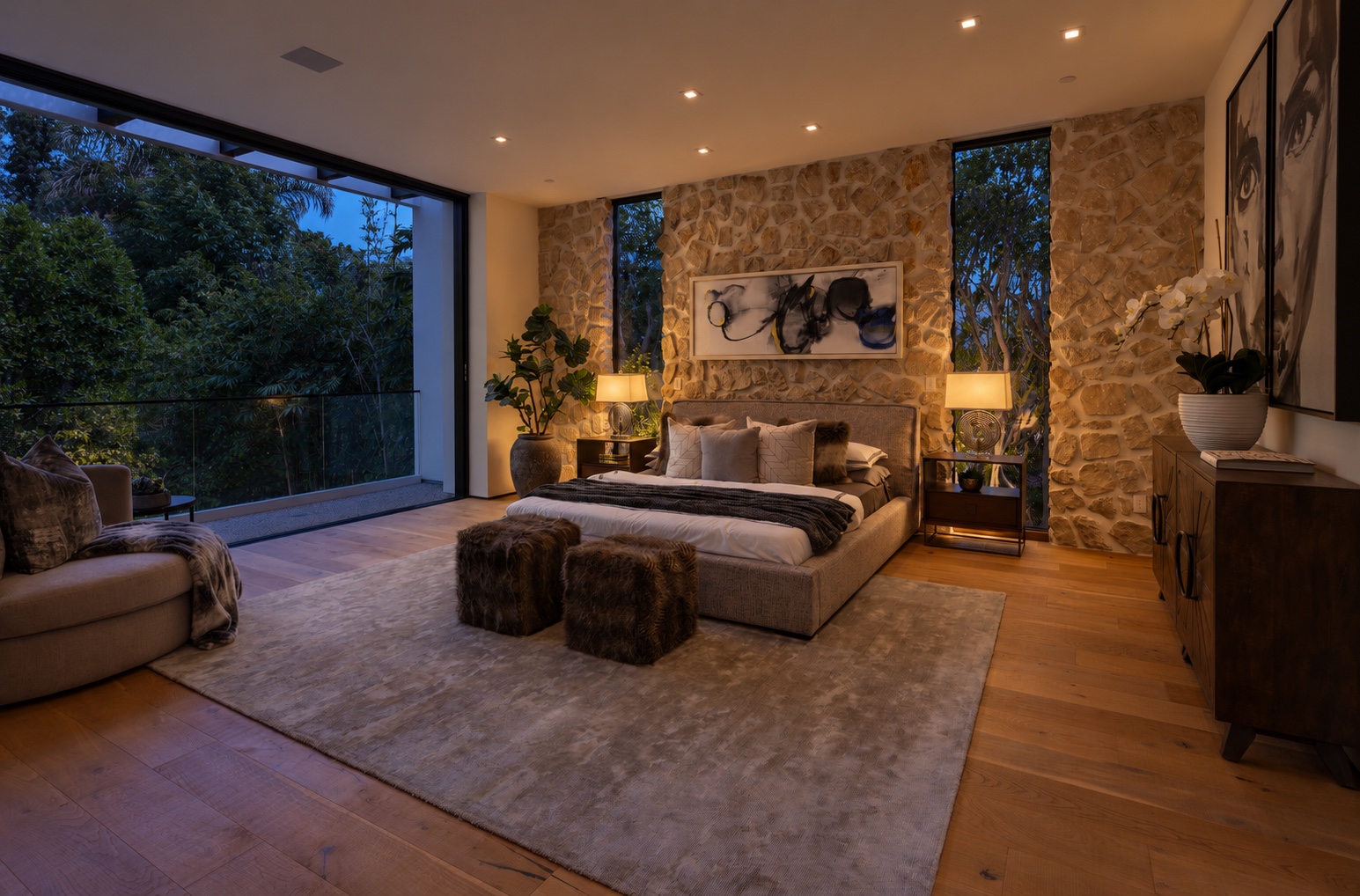 Stone-walled bedroom with warm bedside lighting at blue hour, AI-relit from an original photograph